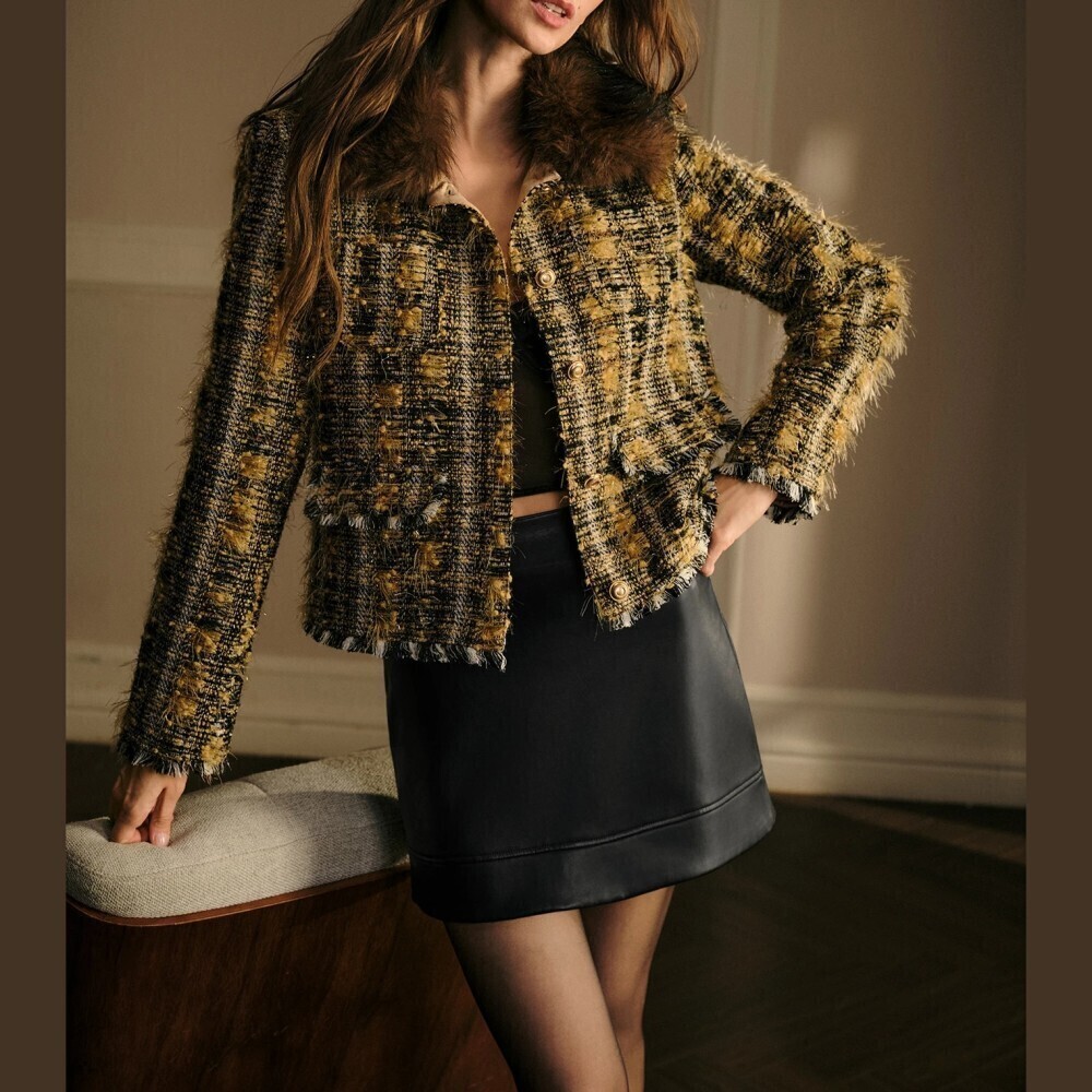 Yellow and Black Fuzzy Tweed Faux Fur Collar Trim Cropped Jacket